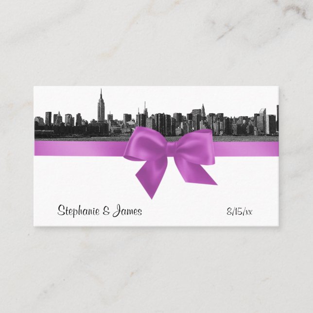 NYC Wide Skyline Etched BW Lilac Place Cards #2 (Front)