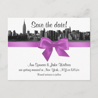 NYC Wide Skyline Etched BW Lilac Save the Date Announcement Postcard