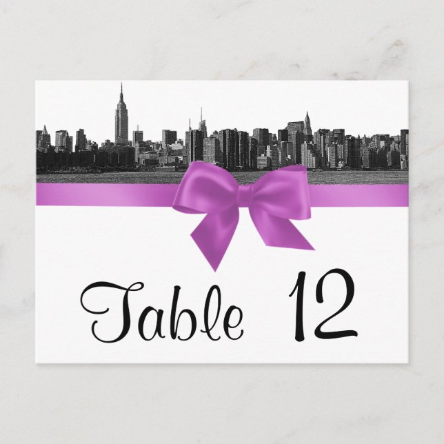 NYC Wide Skyline Etched BW Lilac Table Number Postcard (Front)