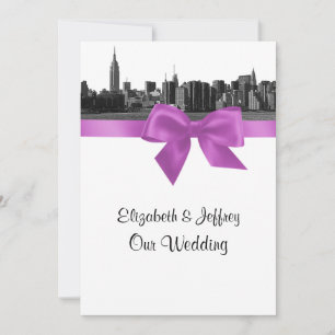 NYC Wide Skyline Etched BW Lilac Wedding Invitation