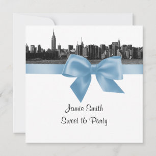 NYC Wide Skyline Etched BW Lt Blu Sweet Sixteen SQ Invitation