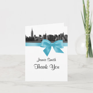NYC Wide Skyline Etched BW Lt Blue Thank You #2 Card