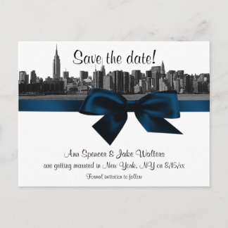NYC Wide Skyline Etched BW Navy Blue Save the Date Announcement Postcard