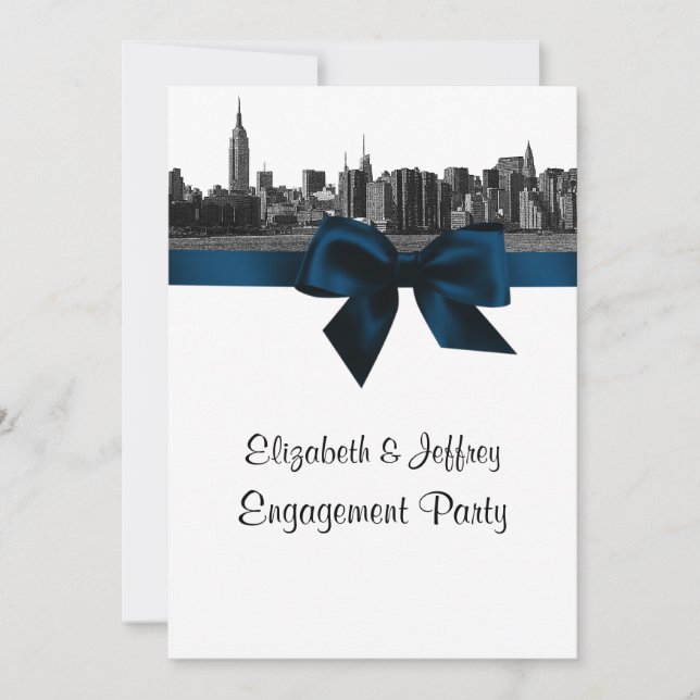 NYC Wide Skyline Etched BW Navy Engagement Party Invitation (Front)