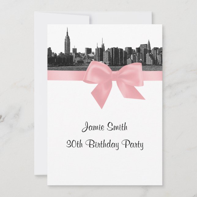 NYC Wide Skyline Etched BW Pink Birthday Party Invitation (Front)