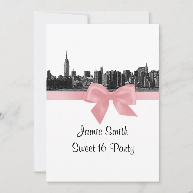NYC Wide Skyline Etched BW Pink Sweet Sixteen Invitation (Front)