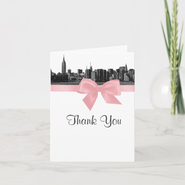 NYC Wide Skyline Etched BW Pink Thank You Card (Front)