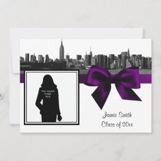 NYC Wide Skyline Etched BW Purple Photo Graduation Invitation