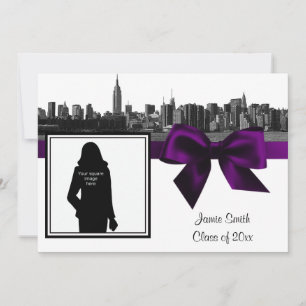 NYC Wide Skyline Etched BW Purple Photo Graduation Invitation