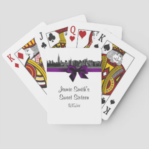 NYC Wide Skyline Etched BW Purple Playing Cards
