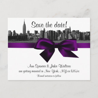NYC Wide Skyline Etched BW Purple Save the Date Announcement Postcard