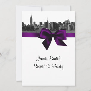 NYC Wide Skyline Etched BW Purple Sweet Sixteen Invitation