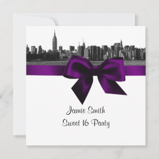 NYC Wide Skyline Etched BW Purple Sweet Sixteen SQ Invitation