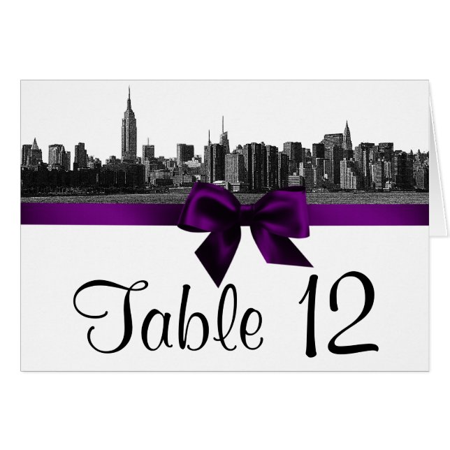 NYC Wide Skyline Etched BW Purple Table Number (Front Horizontal)