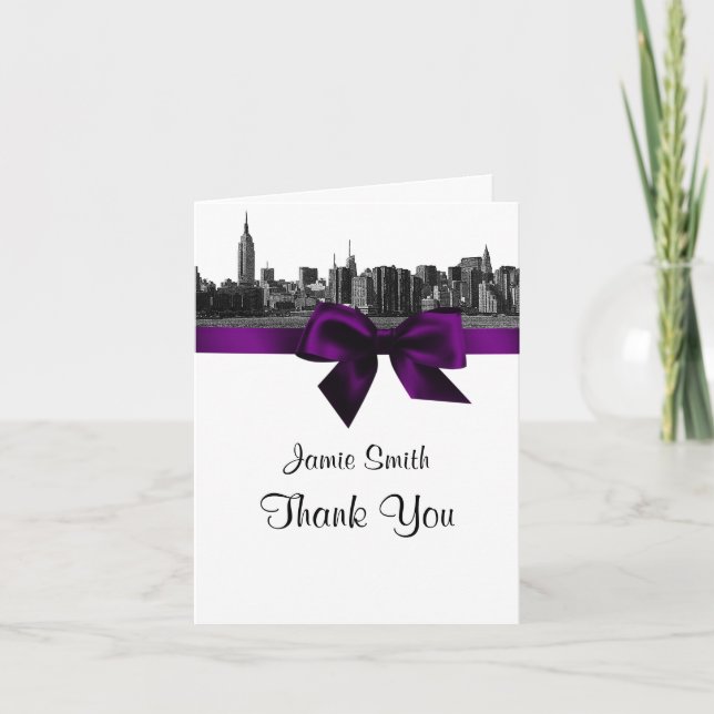NYC Wide Skyline Etched BW Purple Thank You #2 Card (Front)