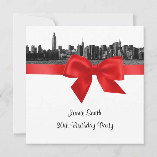 NYC Wide Skyline Etched BW Red Birthday Party SQ Invitation (Front)