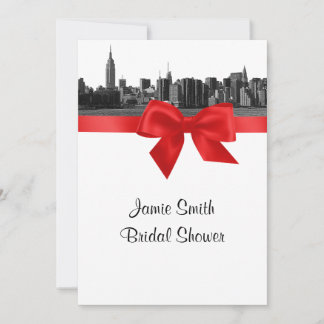 NYC Wide Skyline Etched BW Red Bridal Shower Invitation
