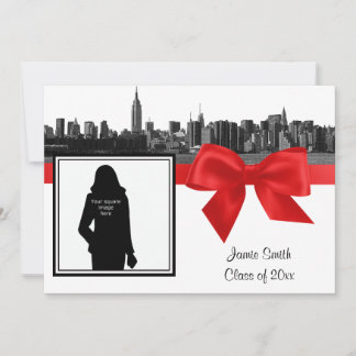 NYC Wide Skyline Etched BW Red Photo Graduation Invitation