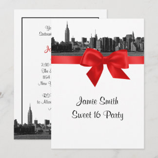 NYC Wide Skyline Etched BW Red Sweet Sixteen Invitation