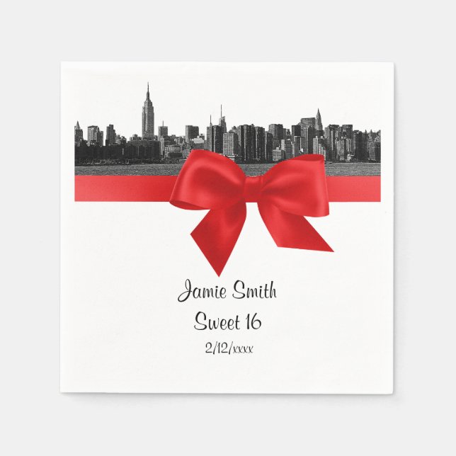 NYC Wide Skyline Etched BW Red Sweet Sixteen Napkin (Front)