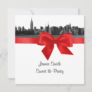 NYC Wide Skyline Etched BW Red Sweet Sixteen SQ Invitation