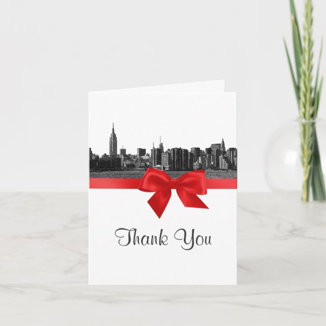 NYC Wide Skyline Etched BW Red Thank You Card (Front)