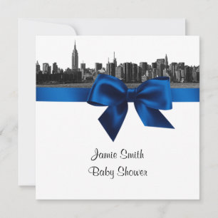 NYC Wide Skyline Etched BW Royal Bl Baby Shower SQ Invitation
