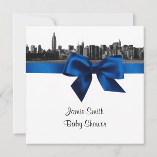 NYC Wide Skyline Etched BW Royal Bl Baby Shower SQ Invitation