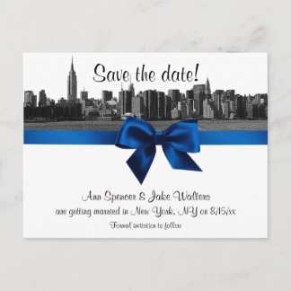 NYC Wide Skyline Etched BW Royal Blu Save the Date Announcement Postcard