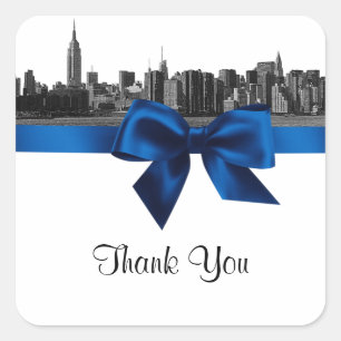 NYC Wide Skyline Etched BW Royal Blue Favour Tag #