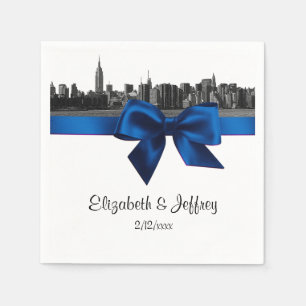 NYC Wide Skyline Etched BW Royal Blue Wedding Napkin