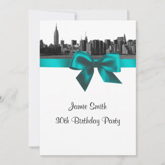 NYC Wide Skyline Etched BW Teal Birthday Party Invitation