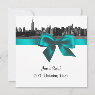 NYC Wide Skyline Etched BW Teal Birthday Party SQ Invitation
