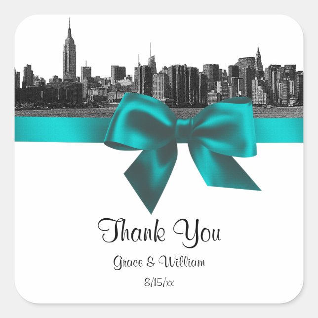 NYC Wide Skyline Etched BW Teal Favour Tag (Front)