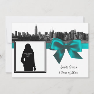 NYC Wide Skyline Etched BW Teal Photo Graduation Invitation