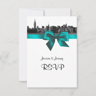 NYC Wide Skyline Etched BW Teal RSVP #2 Card