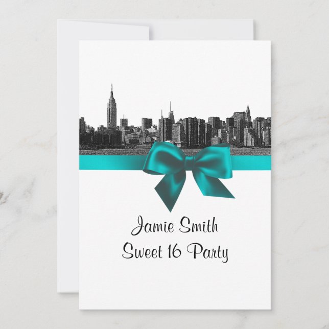 NYC Wide Skyline Etched BW Teal Sweet Sixteen Invitation (Front)