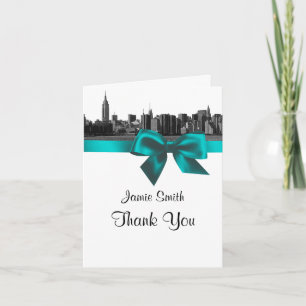 NYC Wide Skyline Etched BW Teal Thank You #2 Card