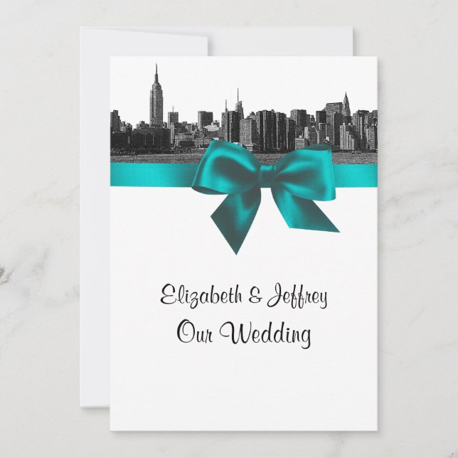 NYC Wide Skyline Etched BW Teal  Wedding Invitation (Front)