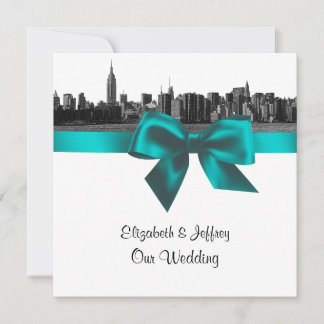 NYC Wide Skyline Etched BW Teal Wedding SQ Invitation