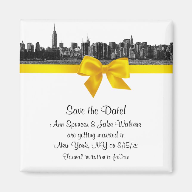 NYC Wide Skyline Etched BW Yellow Save the Date Magnet (Front)