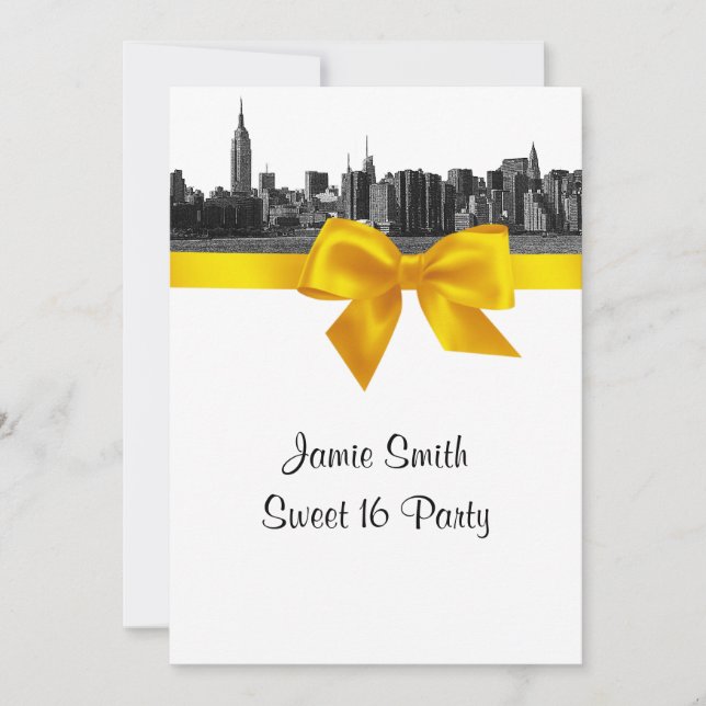 NYC Wide Skyline Etched BW Yellow Sweet 16 Invitation (Front)
