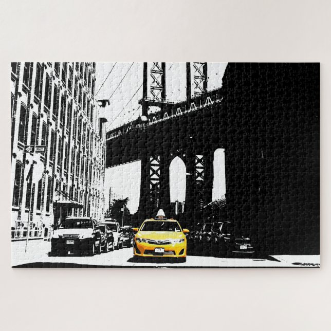 Nyc Yellow Taxi Brooklyn Bridge New York City Jigsaw Puzzle (Horizontal)