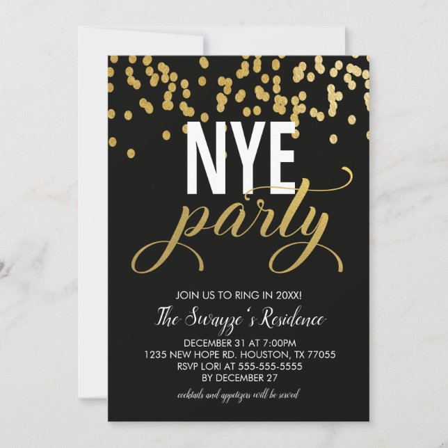 NYE Party Invitation | Black and Gold Confetti (Front)