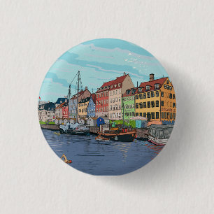 Nyhavn Copenhagen Denmark Whimsical llustration 3 Cm Round Badge