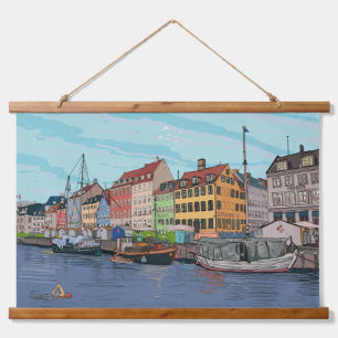 Nyhavn Copenhagen Denmark Whimsical llustration Hanging Tapestry