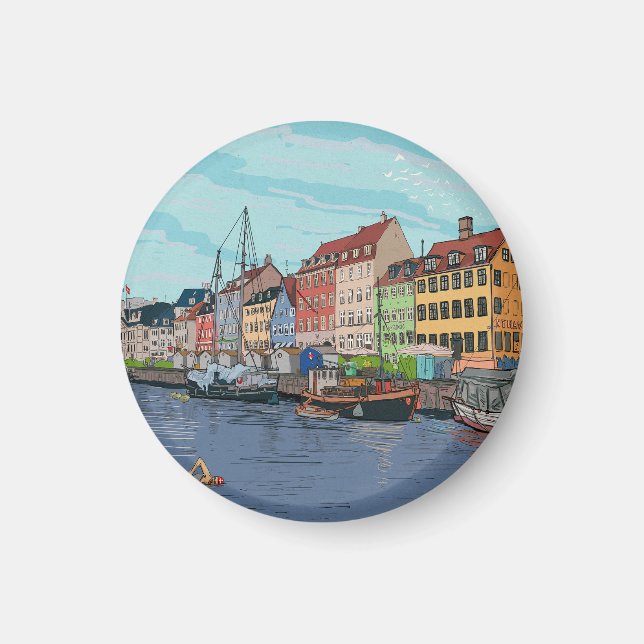 Nyhavn Copenhagen Denmark Whimsical llustration Magnet (Front)