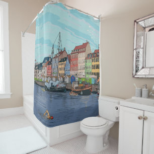 Nyhavn Copenhagen Denmark Whimsical llustration Shower Curtain
