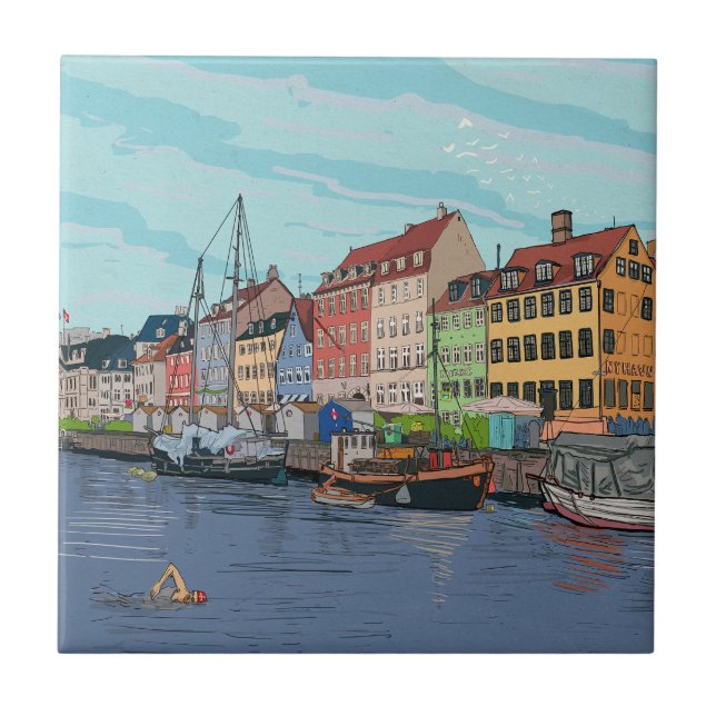 Nyhavn Copenhagen Denmark Whimsical llustration Tile (Front)