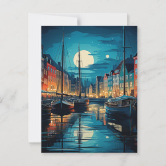 Nyhavn Copenhagen Moonlit Canal Night Postcard